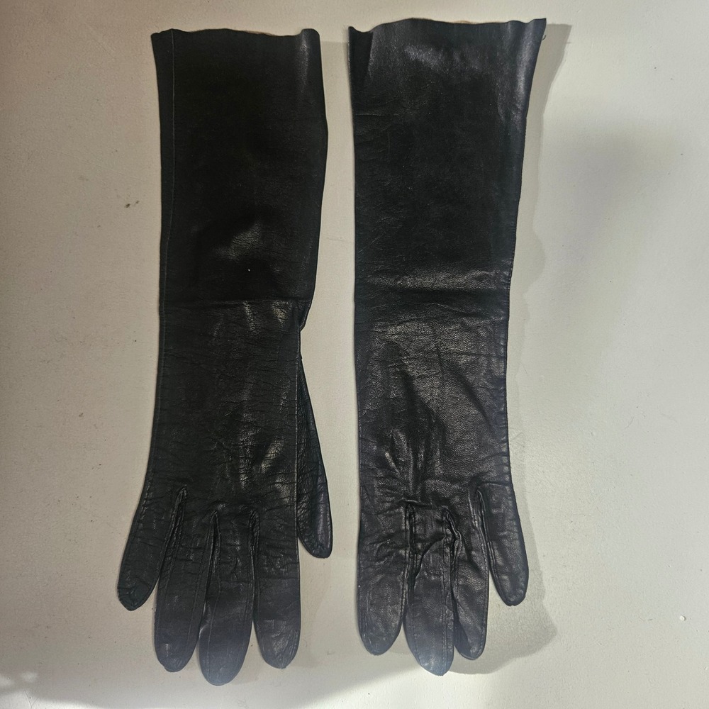 Grandoe Vintage Black Leather Opera Length Evening Gloves Size‎ 6.5 Soapable 60s